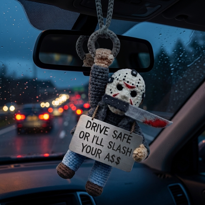 Detailed handmade crochet horror car ornament