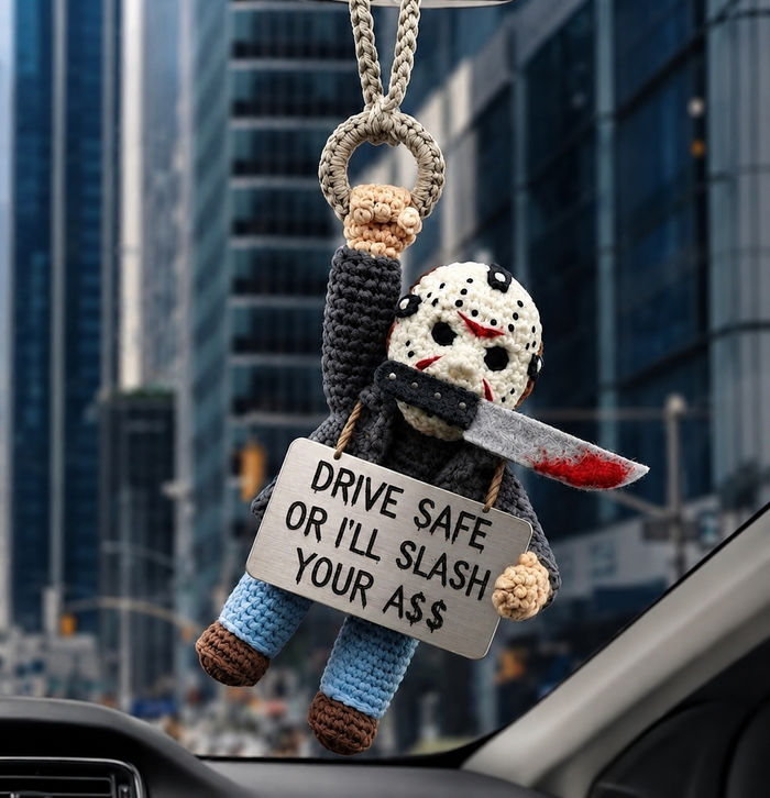 Retro horror inspired crochet car ornament