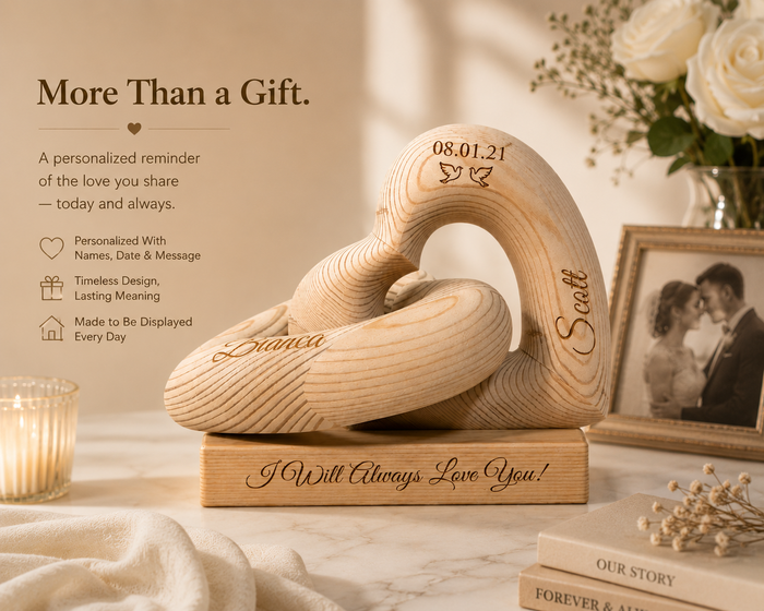 Personalized infinity heart sculpture in a warm traditional room