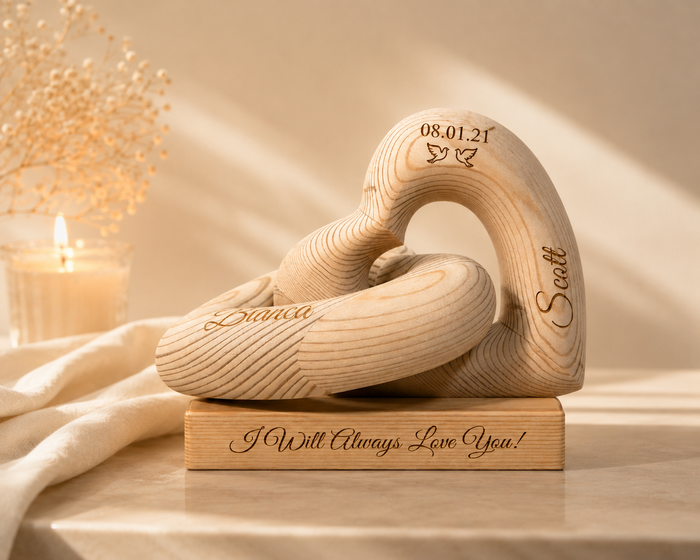Personalized infinity heart sculpture in a modern neutral room