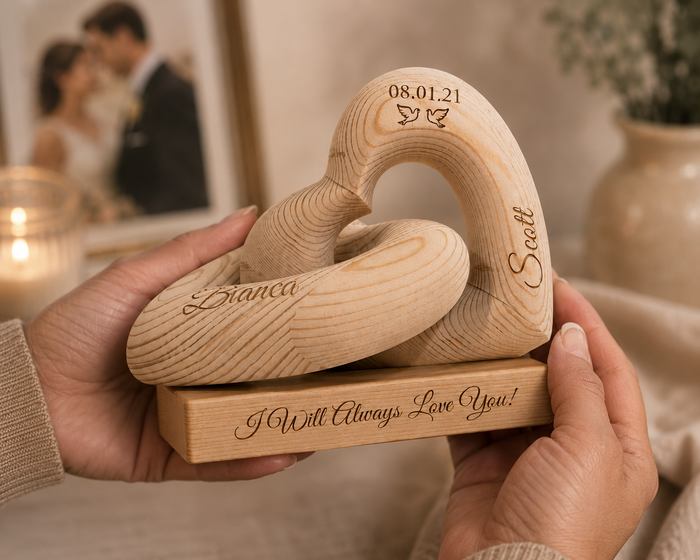 Personalized infinity heart sculpture in a rustic farmhouse room